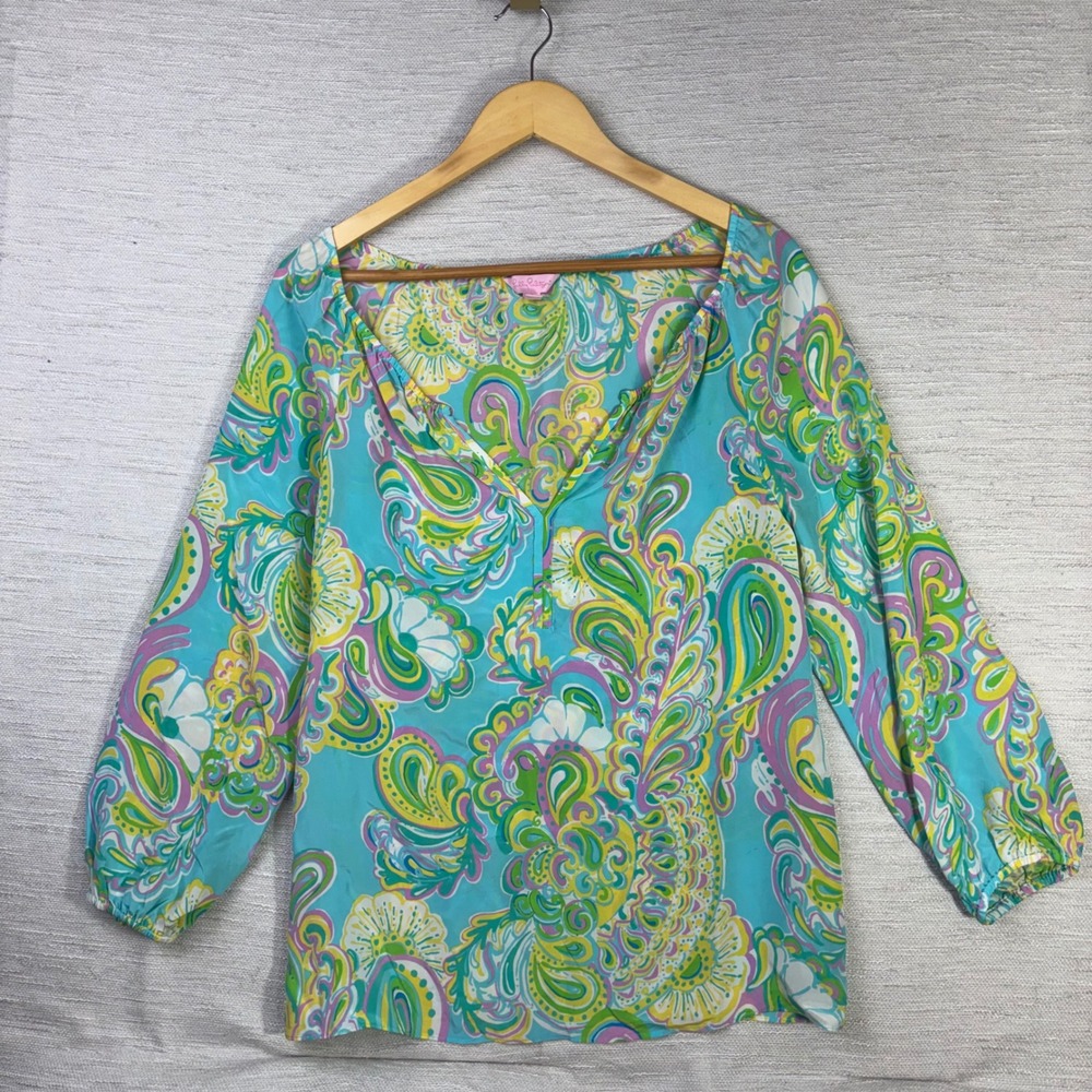 Lilly Pulitzer Silk Tunic Blouse Small Blue Paisley Floral Split Neck‎ Top FLAWS